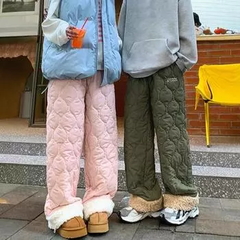 Мужские зимние флисовые брюки с плюшевой подкладкой, ветрозащитные термосвободные брюки с эластичной талией, широкие хлопковые брюки для повседневной носки на открытом воздухе M розовый
