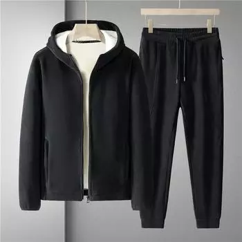 Мужские зимние флисовые и толстые брюки с капюшоном, спортивный модный повседневный костюм из двух предметов M