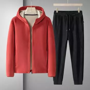 Мужские зимние флисовые и толстые брюки с капюшоном, спортивный модный повседневный костюм из двух предметов M