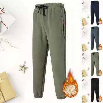 Мужские зимние флисовые повседневные брюки из утолщенной бархатной овечьей шерсти, спортивные штаны на шнурке с карманами L чёрный