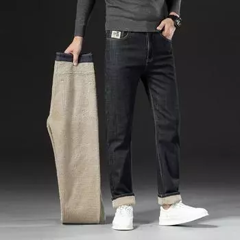 Мужские зимние флисовые толстые теплые джинсы узкие прямые эластичные джинсовые брюки повседневная мужская одежда модные плюшевые брюки 40