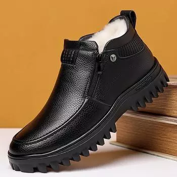 Мужские зимние хлопковые ботинки с нескользящей подошвой: Для людей среднего и пожилого возраста, плюс бархат, теплая, повседневная кожаная модель с застежкой-молнией. 42 чёрный