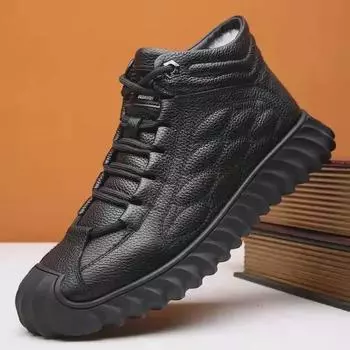 Мужские зимние хлопковые кожаные ботинки: Плюс бархатная теплая, нескользящая, повседневная обувь для отдыха на природе, для снега и папы 41