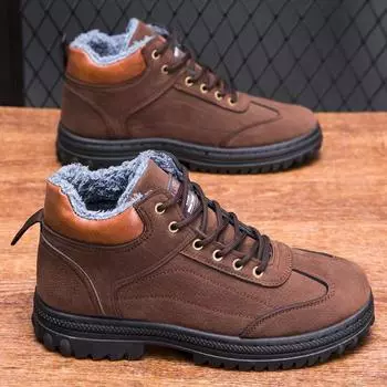 Мужские зимние короткие ботинки на подкладке из искусственного меха, уличные нескользящие повседневные рабочие туфли с высоким берцем на шнуровке, походные ботильоны с плюшевой подкладкой, теплые зимние ботинки для мужчин