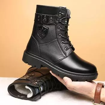 Мужские зимние кожаные зимние ботинки, повседневные без шнуровки на открытом воздухе, на подкладке из искусственного меха, высокие ботильоны на шнуровке и плюшевой подкладке для мужских мотоциклетных армейских ботинок