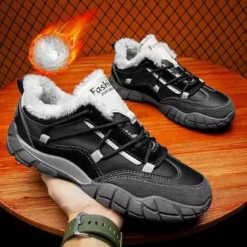 Мужские зимние кроссовки на меховой подкладке, Нескользящая уличная обувь из искусственной кожи для мужчин, новая теплая удобная повседневная обувь на флисовой подкладке
