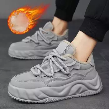 Мужские зимние кроссовки на подкладке из искусственного меха, уличные теплые зимние туфли без шнуровки, короткие ботинки на толстой подошве со шнуровкой, повседневная обувь из искусственной кожи на флисовой подкладке для мужчин