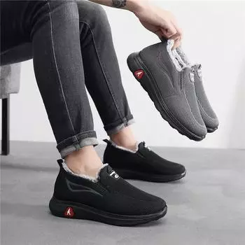 Мужские зимние кроссовки с флисовой подкладкой, теплые, для бега, работы, спорта, с толстой меховой подкладкой, противоскользящие, легкие, дышащие, повседневные кроссовки 39 чёрный
