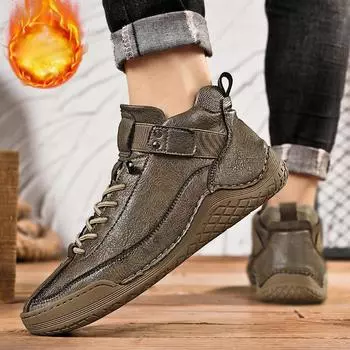 Мужские зимние новые деловые повседневные теплые высокие кожаные туфли с меховой подкладкой, уличные зимние ботинки для мужчин, противоскользящие походные кроссовки с флисовой подкладкой
