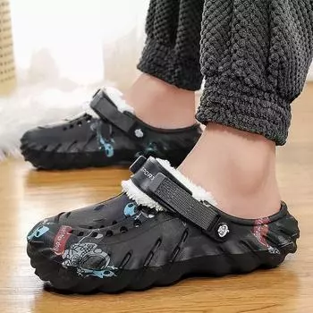 Мужские зимние пляжные тапочки из хлопка с отверстиями, бархатные теплые домашние туфли из хлопка, съемные две тапочки 40 чёрный