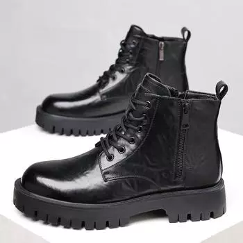 Мужские зимние повседневные кожаные ботинки в британском стиле, фирменные ботинки с круглым носком, нескользящие короткие плюшевые мотоциклетные ботинки, износостойкие ботильоны 38