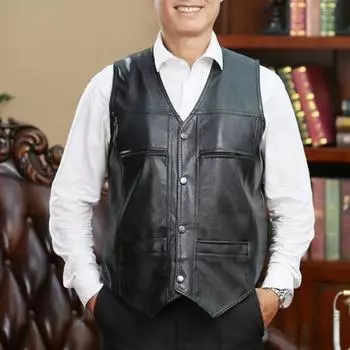 Мужские зимние повседневные теплые жилеты из искусственной кожи с подкладкой 4XL чёрный