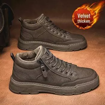 Мужские зимние рабочие ботинки из кожи с бархатной подкладкой - повседневные туфли в стиле ретро с мягкой подошвой и низким верхом в стиле Мартина 40