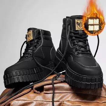 Мужские зимние рабочие ботинки, сохраняющие тепло, мужские байкерские ботинки, утепленные бархатные уличные ботинки, противоскользящие, износостойкие, британский стиль, новые популярные 39 чёрный