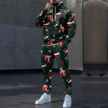 Мужские зимние рождественские принты с длинным рукавом толстовки с капюшоном толстовка брюки костюм L чёрный