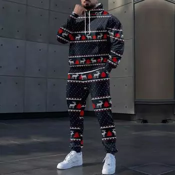 Мужские зимние рождественские принты с длинным рукавом толстовки с капюшоном толстовка брюки костюм L темно-синий