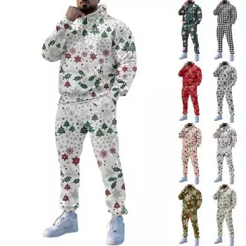 Мужские зимние рождественские принты с длинным рукавом толстовки с капюшоном толстовка брюки костюм L зелёный