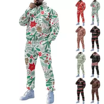 Мужские зимние рождественские принты с длинным рукавом толстовки с капюшоном толстовка брюки костюм XL красный