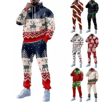 Мужские зимние рождественские принты с длинным рукавом толстовки с капюшоном толстовка брюки костюм L бежевый