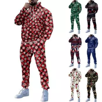 Мужские зимние рождественские принты с длинным рукавом толстовки с капюшоном толстовка брюки костюм L чёрный