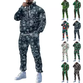 Мужские зимние рождественские принты с длинным рукавом толстовки с капюшоном толстовка брюки костюм M