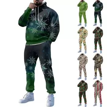 Мужские зимние рождественские принты с длинным рукавом толстовки с капюшоном толстовка брюки костюм L темно-зеленого