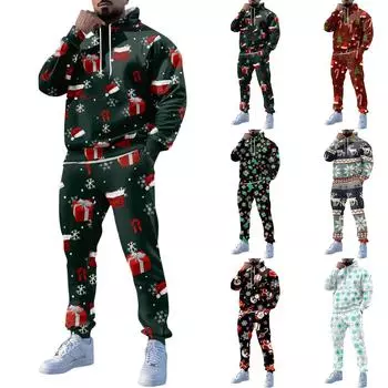Мужские зимние рождественские принты с длинным рукавом толстовки с капюшоном толстовка брюки костюм XXXXXXL