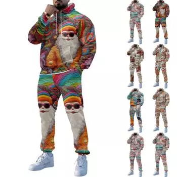 Мужские зимние рождественские принты с длинным рукавом толстовки с капюшоном толстовка брюки костюм XXXXL зелёный