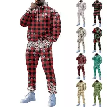 Мужские зимние рождественские принты с длинным рукавом толстовки с капюшоном толстовка брюки костюм XXXXXXL красный