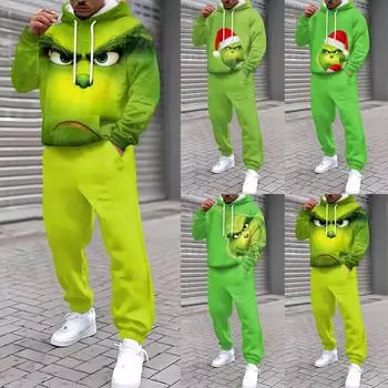 Мужские зимние рождественские принты с длинным рукавом толстовки с капюшоном толстовка брюки костюм L армия зеленый