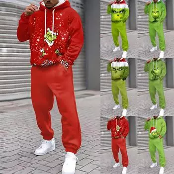 Мужские зимние рождественские принты с длинным рукавом толстовки с капюшоном толстовка брюки костюм L армия зеленый