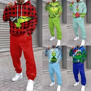 Мужские зимние рождественские принты с длинным рукавом толстовки с капюшоном толстовка брюки костюм L синий