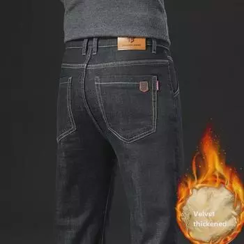 Мужские зимние свободные прямые джинсы с подкладкой из овчины - плотные теплые повседневные брюки 36