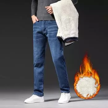 Мужские зимние теплые джинсы из овчины - большой размер, мягкие, прямого кроя, модные повседневные брюки 30 синий