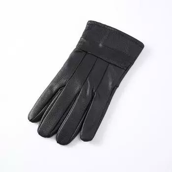 Мужские зимние теплые перчатки из натуральной козьей кожи с кнопками на запястье для сенсорного экрана, короткие перчатки для вождения, мужские перчатки One size чёрный