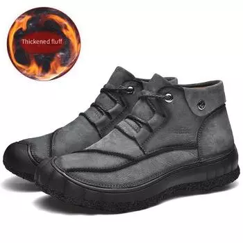 Мужские зимние теплые походные ботинки серые повседневные ретро мужские уличные широкие ботинки с мехом большие размеры нескользящие EU:46 чёрный