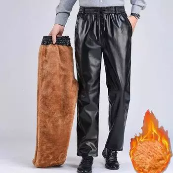 Мужские зимние теплые штаны из искусственной кожи, свободные флисовые штаны на шнурке, байкерские штаны из искусственной кожи 42 чёрный