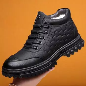 Мужские зимние толстые теплые кожаные ботинки на флисовой подкладке, повседневная деловая кожаная обувь с нескользящей резиновой подошвой для мужчин, уличная водонепроницаемая зимняя обувь 38 чёрный