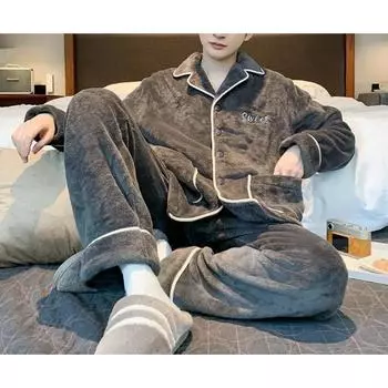 Мужские зимние утолщенные фланелевые пижамные комплекты, пушистое пальто с лацканами + длинные брюки, одежда для сна, 2 предмета, мужская мягкая теплая домашняя одежда L