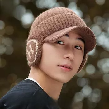 Мужские зимние утолщенные наушники с буквами и вязаная шапка из бархата для велоспорта, теплая бейсболка Duckbill M56-58cm чёрный