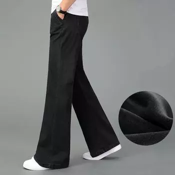 Мужские зимние утолщенные теплые свободные широкие брюки, слегка приподнятые джинсовые брюки, мужские брюки-клеш со средней талией 28 чёрный