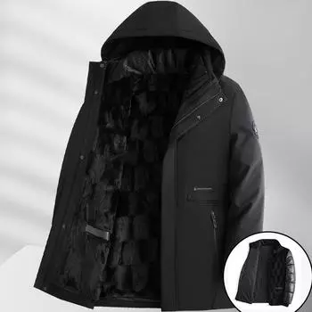 Мужские зимние ветрозащитные теплые куртки средней длины. Новое деловое повседневное пальто с капюшоном и съемной подкладкой из искусственного меха. Утепленная верхняя одежда для мужчин. L чёрный