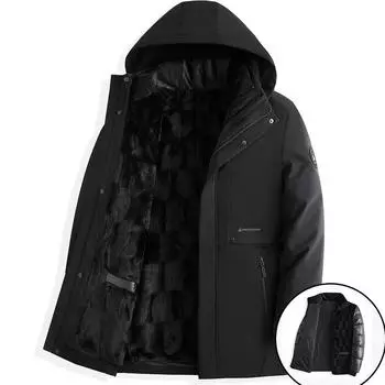 Мужские зимние ветрозащитные теплые куртки средней длины. Новое деловое повседневное пальто с капюшоном и съемной подкладкой из искусственного меха. Утепленная верхняя одежда для мужчин. L чёрный