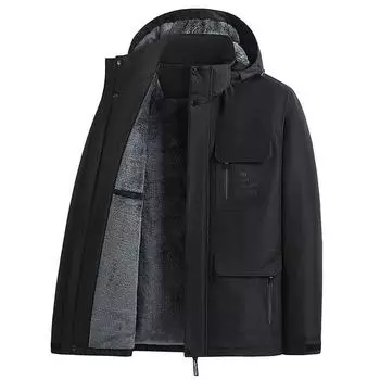 Мужские зимние ветрозащитные теплые куртки средней длины, деловое повседневное пальто с капюшоном и съемной подкладкой из искусственного меха, утепленная верхняя одежда для мужчин XXXXXL чёрный