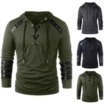 Мужские зимние винтажные кожаные лоскутные топы с капюшоном на шнурках с длинным рукавом, блузки XXL