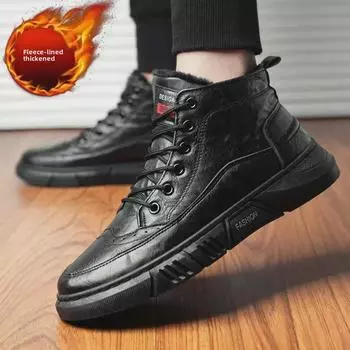 «Мужские зимние высокие кожаные ботинки-броги — теплые, повседневные, с бархатной подкладкой» 40 чёрный