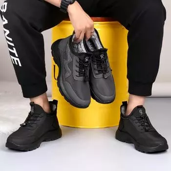 Мужские зимние высокие кроссовки на флисовой подкладке, уличная нескользящая теплая спортивная обувь на меховой подкладке на шнуровке для мужчин, повседневная легкая походная обувь 39 чёрный