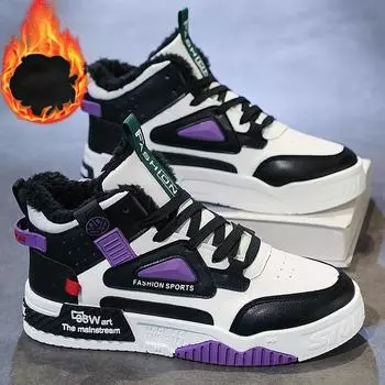 Мужские зимние высокие кроссовки на подкладке из искусственного меха, теплые зимние ботинки без шнуровки, короткие ботинки, повседневные кроссовки из искусственной кожи с флисовой подкладкой для мужчин 39