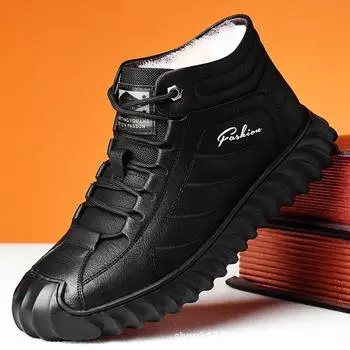 Мужские зимние высокие походные туфли на подкладке из искусственного меха, уличные теплые противоскользящие повседневные кожаные зимние ботинки на шнуровке, мужские ботильоны с плюшевой подкладкой 38 чёрный