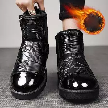 Мужские зимние высокие туфли на подкладке из искусственного меха, уличные теплые толстые противоскользящие повседневные зимние ботинки, водонепроницаемые ботильоны с плюшевой подкладкой для мужчин 39 чёрный